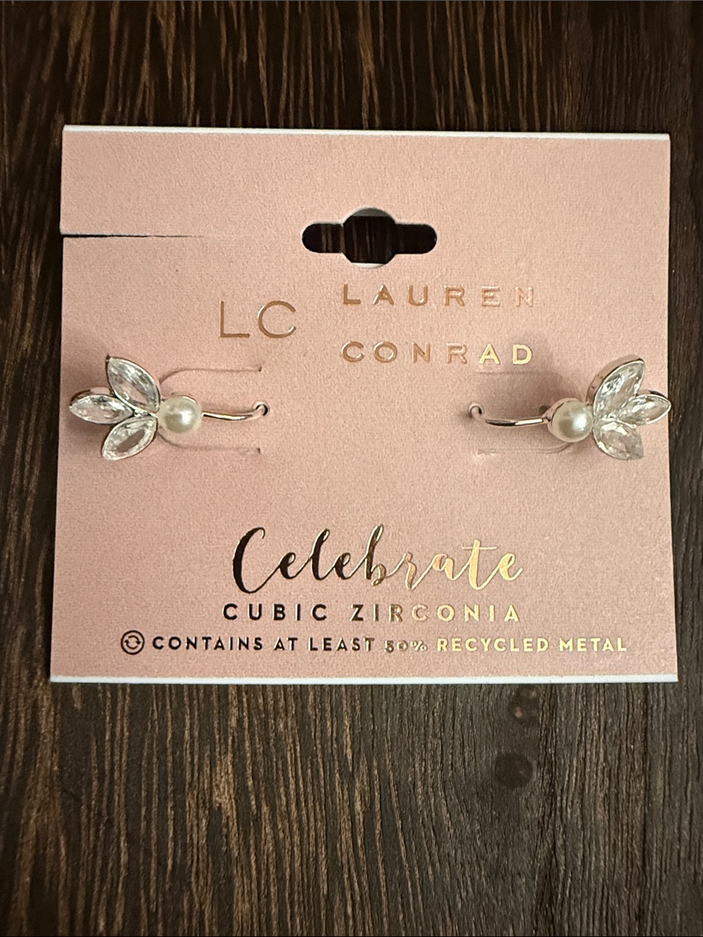 LC Lauren Conrad Silver Leaf Pearl & CZ pierced Earrings